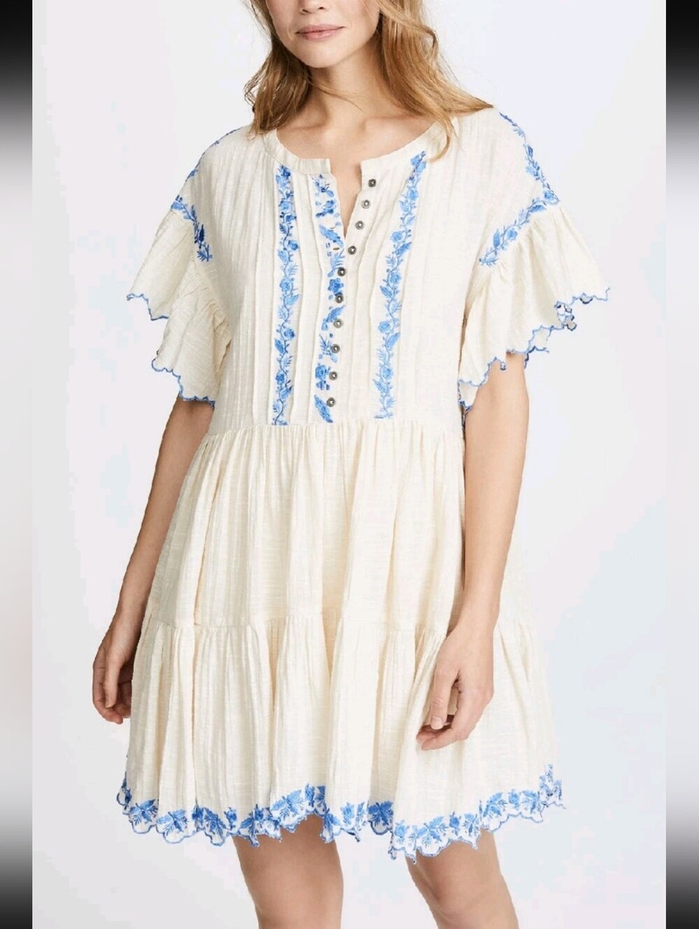 Free People Cream Tunic Dress with Blue Floral Embroidery